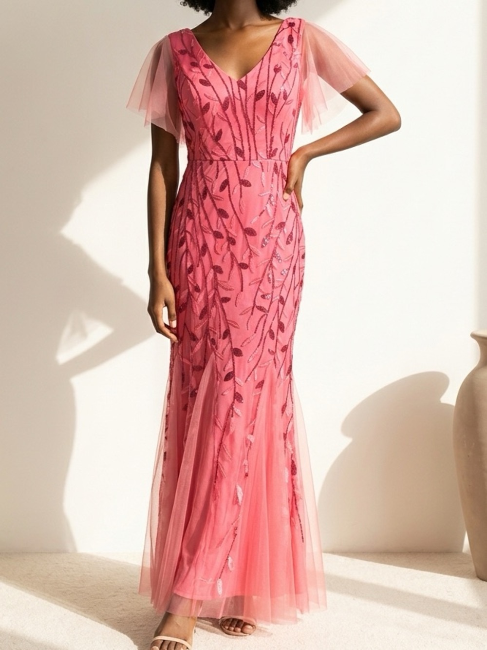 Hot Pink Sequin Leaf-Embroidered Evening Gown